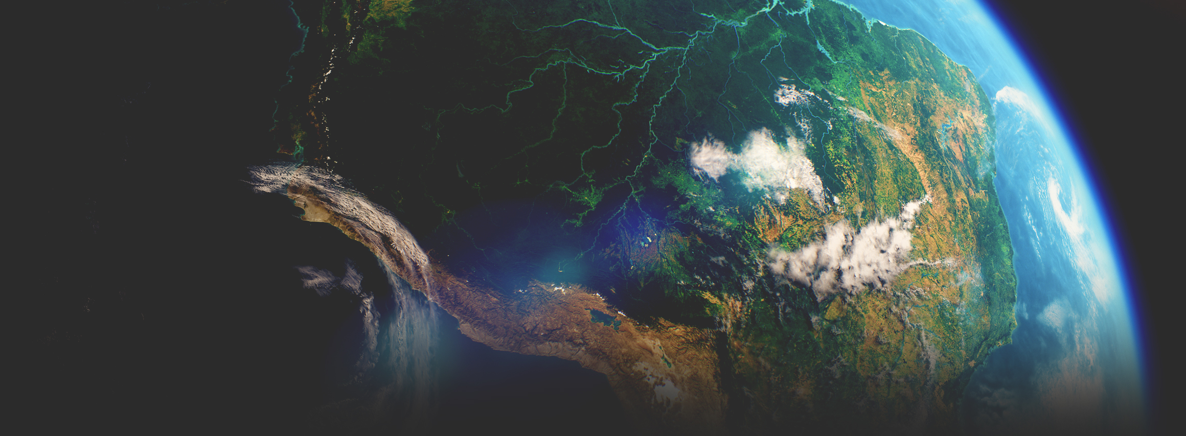 Aus dem Weltraum aufgenommene Satellitenbilddaten zeigen einen grünen Kontinent, durch den ein Fluss fließt, den Ozean und die Atmosphäre