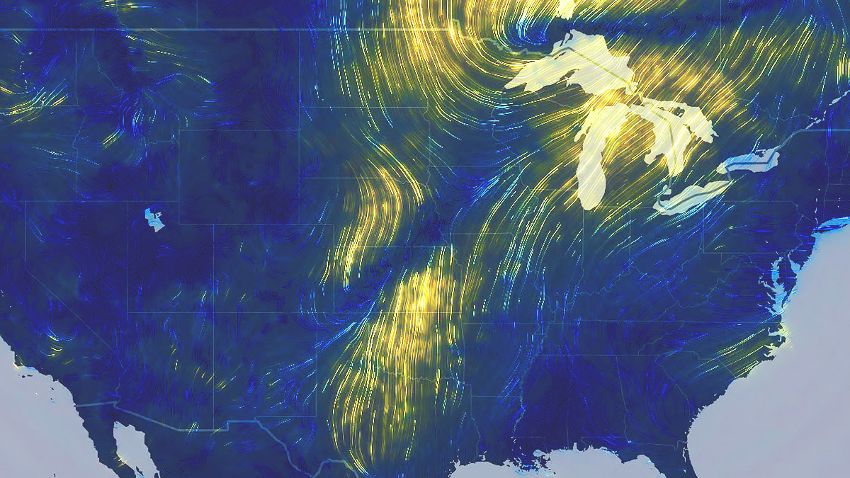 Auf einer Karte der USA ist eine Landschaft in Dunkelblau mit geschwungenen gelben Linien zu sehen, die die Wetterlage darstellen.