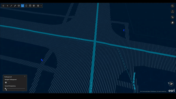 Visualisation 3D souterraine des réseaux de distribution représentés par des lignes et des polygones avec des lignes et formes connectées