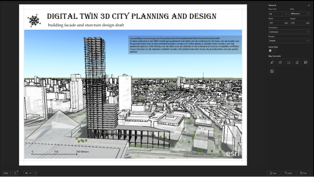 Rendu 3D d’une ville avec un groupe de bâtiments représentant les aides visuelles à la planification urbaine créées dans ArcGIS Earth 