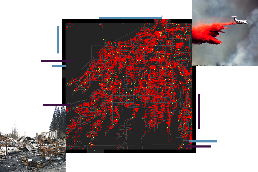 Carte de densité en noir et rouge, recouverte d’une photo d’un avion bombardier d’eau lâchant un retardateur de combustion sur un incendie et d’une photo des décombres d’une maison calcinée