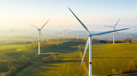 Weite Felder mit Windkraftanlagen