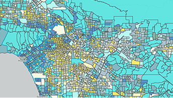 Carte de Los Angeles créée avec ArcGIS Business Analyst Web App Standard La carte présente de nombreuses zones avec code couleur, qui peuvent représenter des données démographiques, des classifications commerciales ou d’autres informations géographiques.
