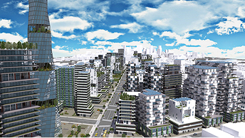 Modèle de ville en 3D créé avec ArcGIS CityEngine qui présente des gratte-ciel, des espaces ouverts et un ciel partiellement nuageux.