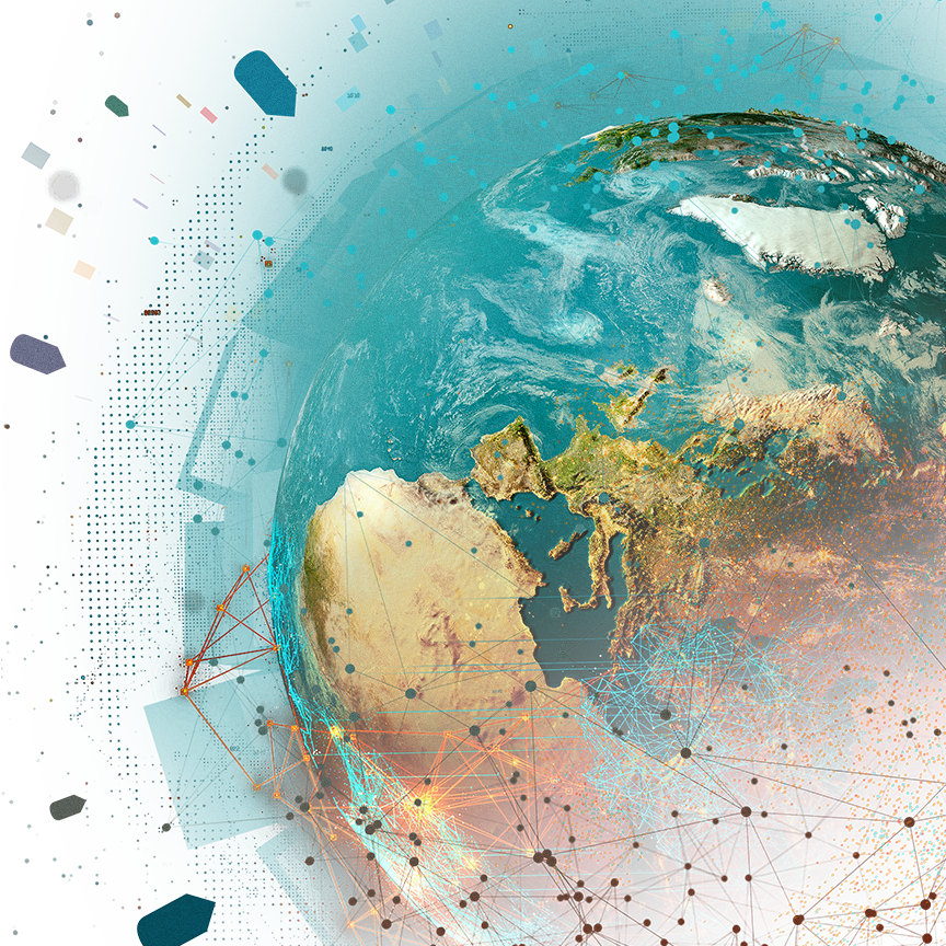 Globus mit durch Linien verbundenen Datenpunkten und schwebenden Positionssymbolen