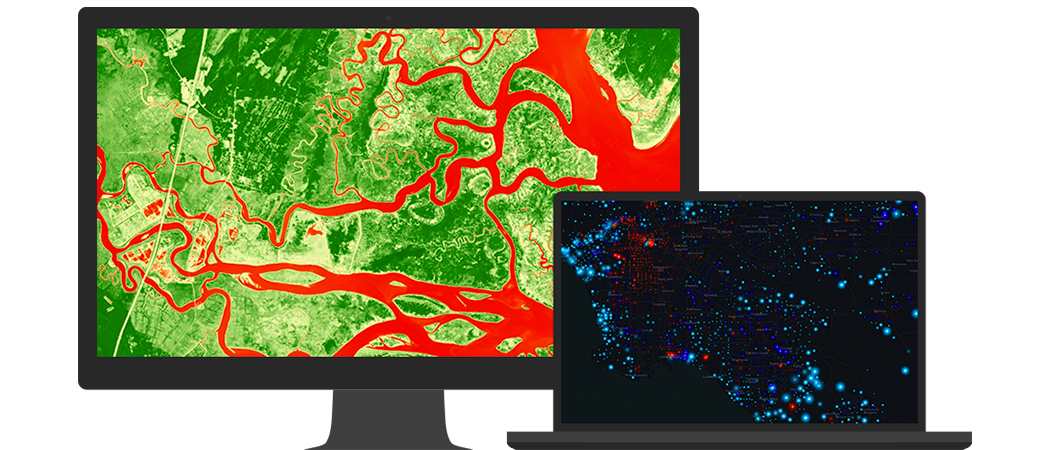 A large desktop computer displaying a green map with a bright red river