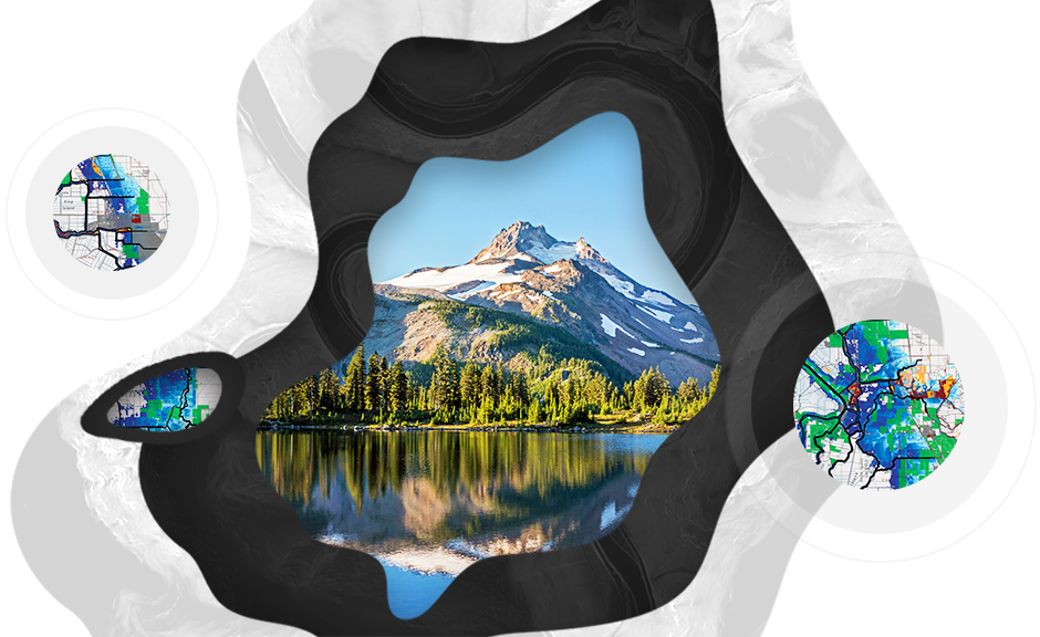 Snow covered mountain top reflected in lake surrounded by evergreen trees and circle designs with inlayed map grids
