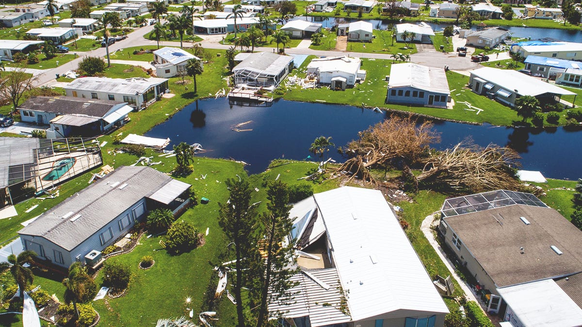 Off-nadir aerial imagery shows damage to a neighborhood in Naples, Florida, following Hurricane Irma