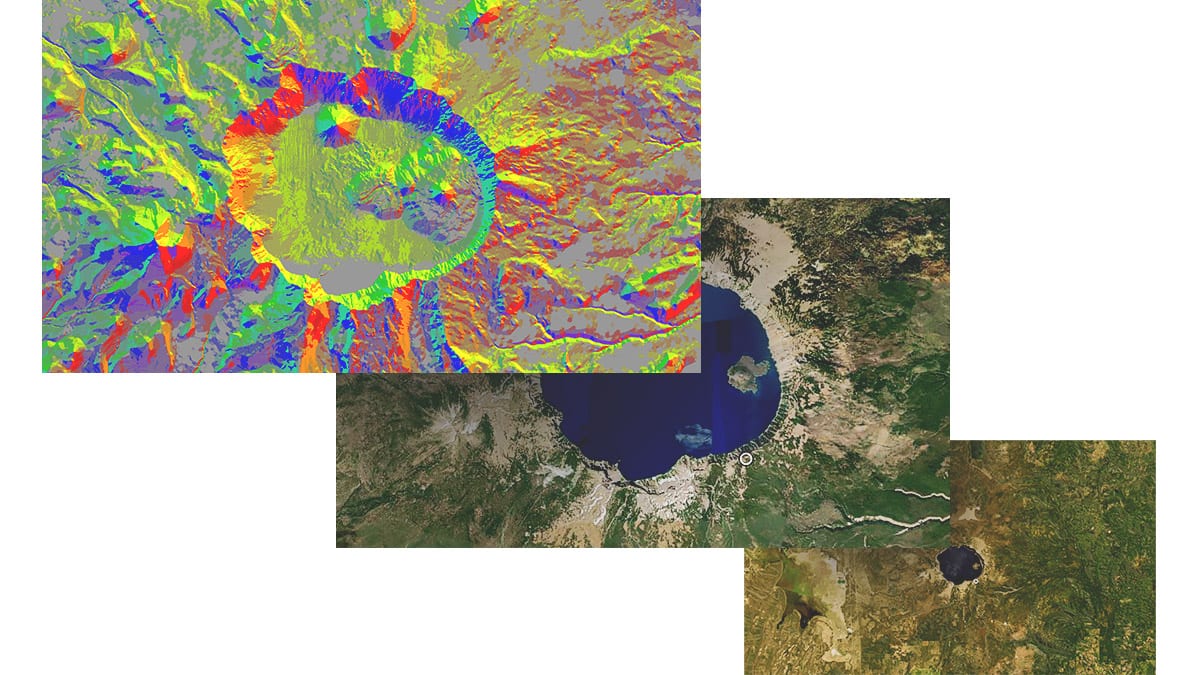 Drei Tafeln zeigen einen See aus der Ferne, denselben See aus der Nähe und den See mit Fernerkundungsdaten in rot, gelb und blau.
