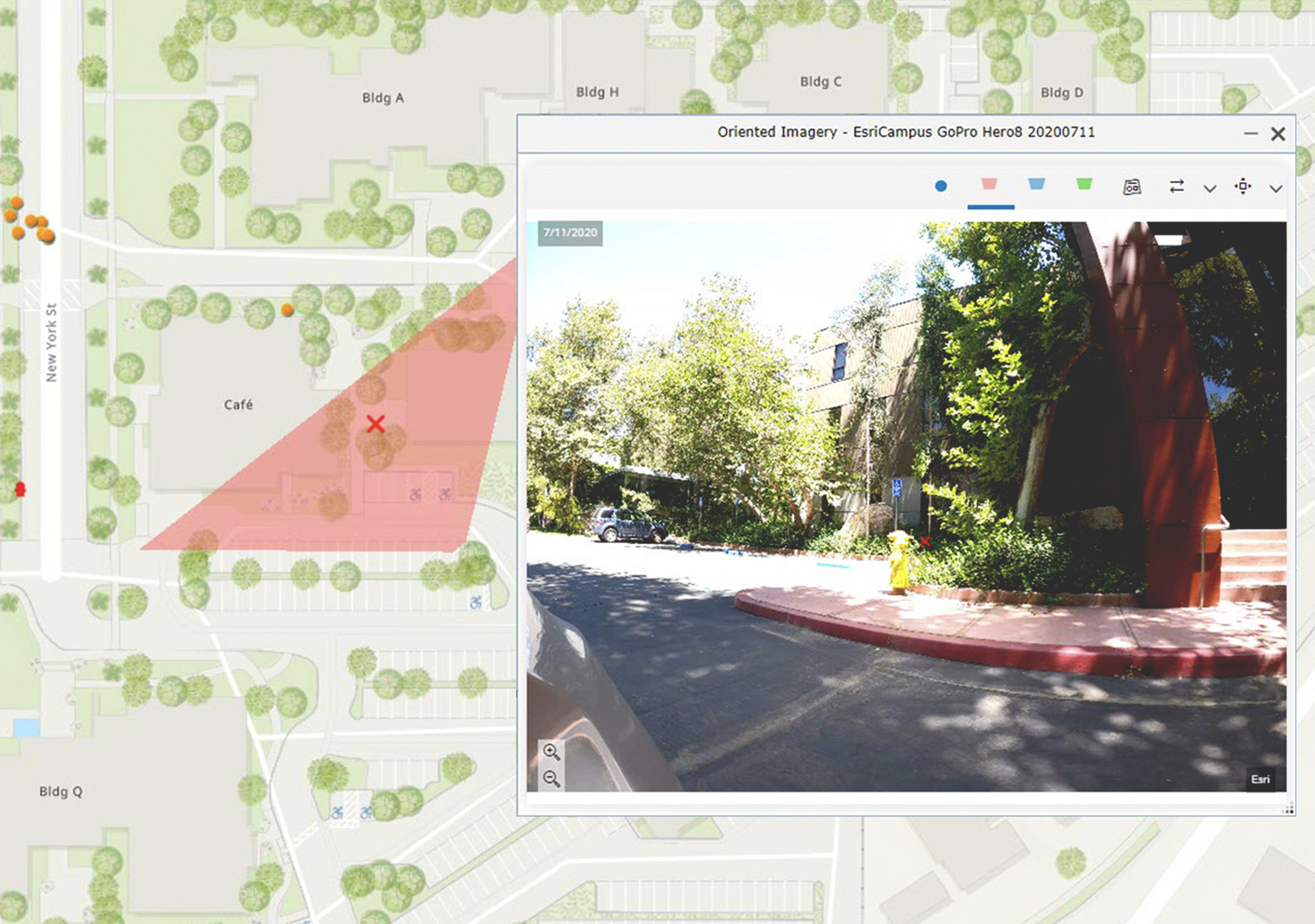 Auf einer digitalen Karte eines Unternehmensgeländes ist ein Standort mit einem roten X markiert, und ein Overlay-Bild zeigt diesen Standort auf Straßenebene.