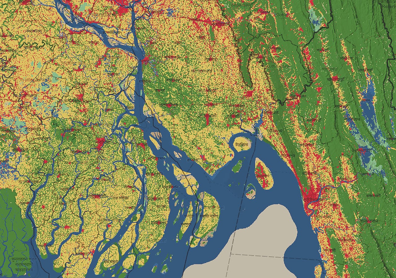 Eine Karte der Bodenbedeckung an der Mündung des Meghna in Bangladesch.