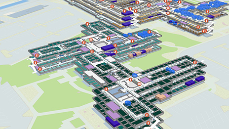 Screenshot of a 3D view with a floor-aware map of different buildings