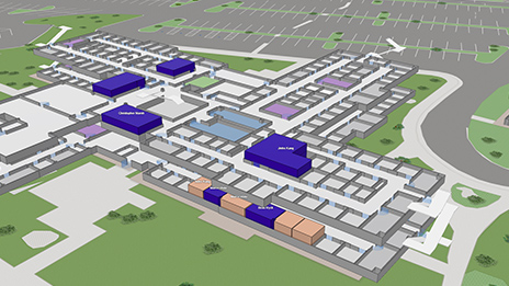 Screenshot of a campus, visualizing the use of different buildings
