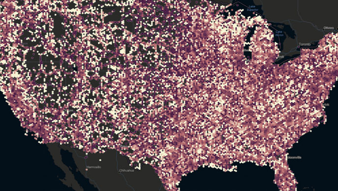 Karte der Vereinigten Staaten mit rosa schattierten Hexbins, die die Bewegungen von Menschen darstellen