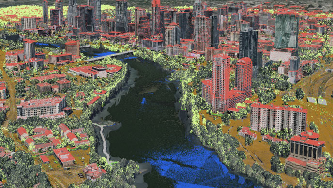 3D-Darstellung einer Stadt mit grünen und roten Punkten überlagert sowie mit Gebäuden und einem blauen Gewässer