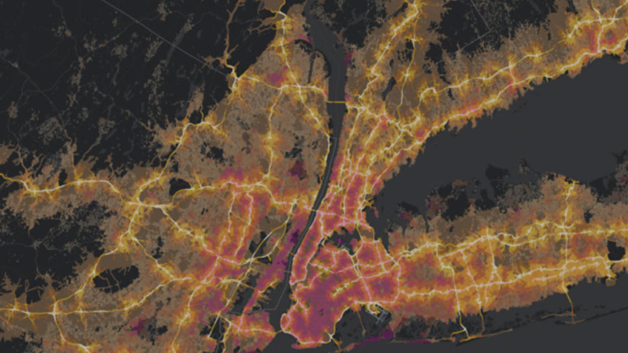 Karte der Bevölkerung von New York und ihres geschätzten Highway-Zugangs in Orange und Rosa