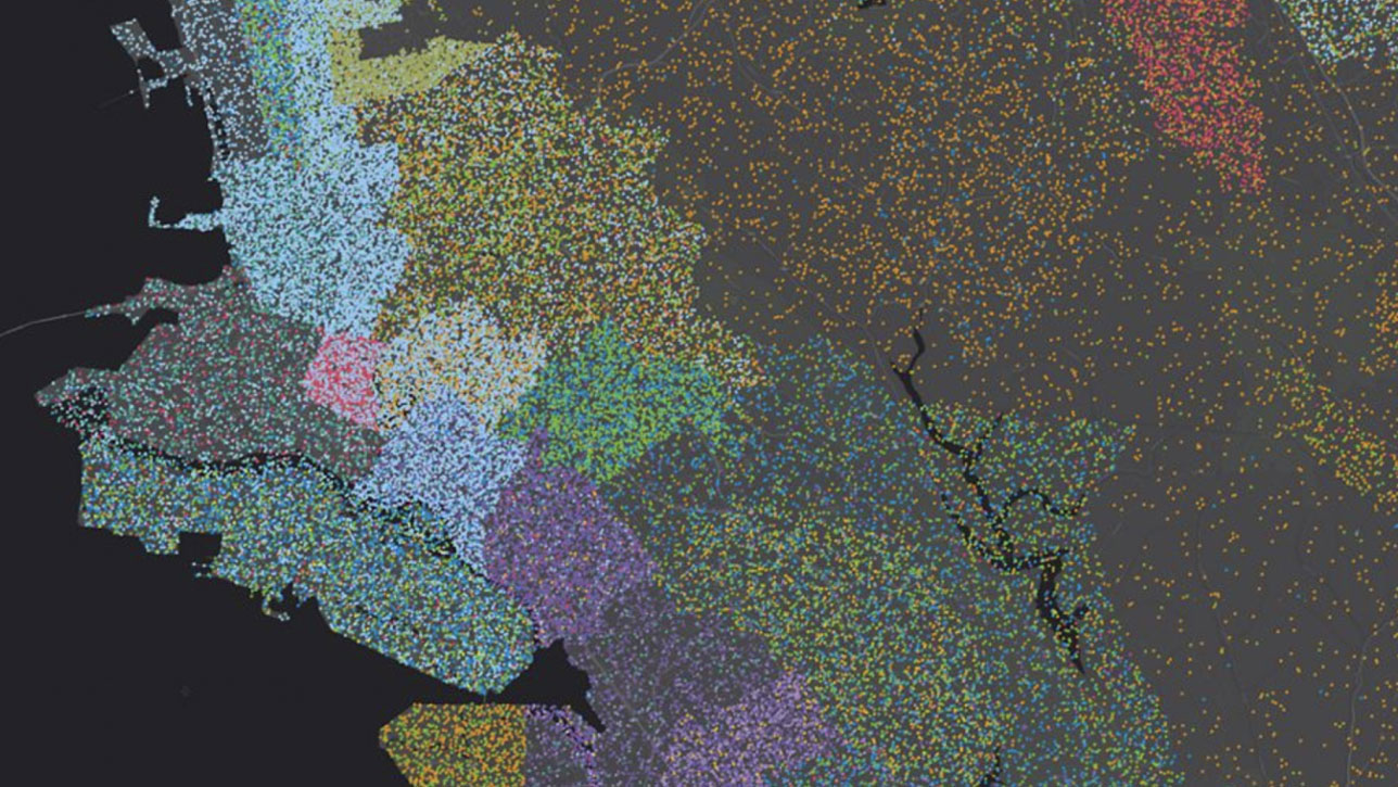 Karte von Oakland, Kalifornien, mit verschiedenen farbigen Polygonen, die Bevölkerungssegmente veranschaulichen  