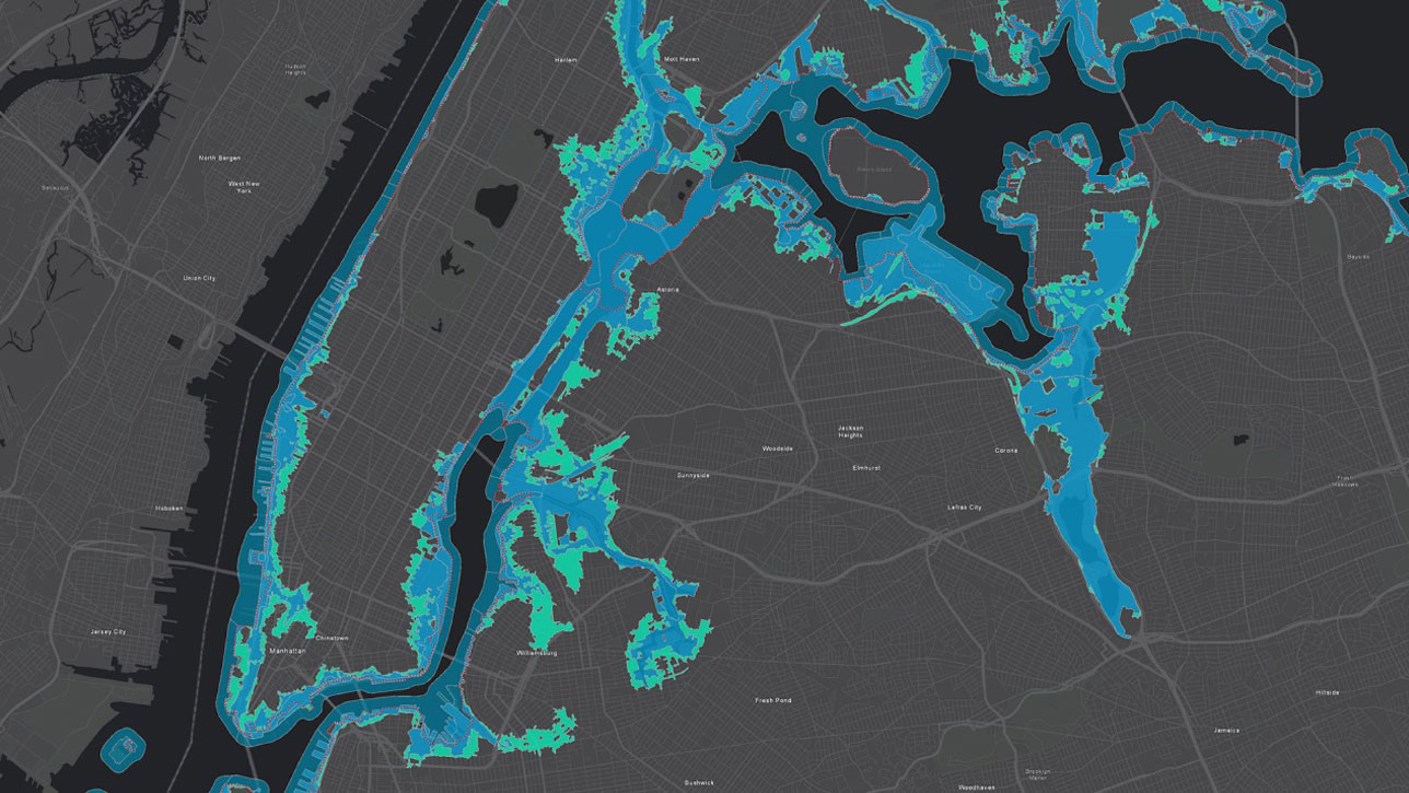 Karte mit den potenziellen Auswirkungen eines Erdrutsches in Blau und Grün
