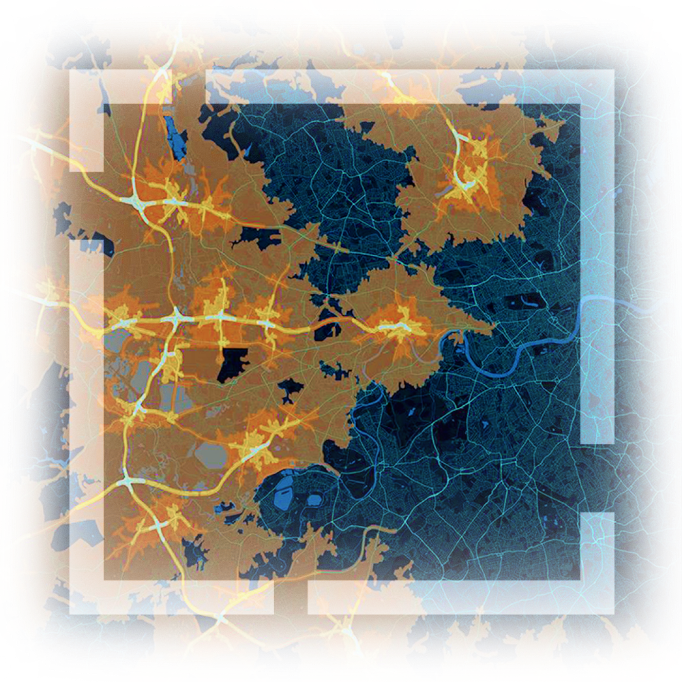Carte en bleu foncé illustrant des itinéraires de voyage en jaune vif, un carré blanc transparent encadrant la carte