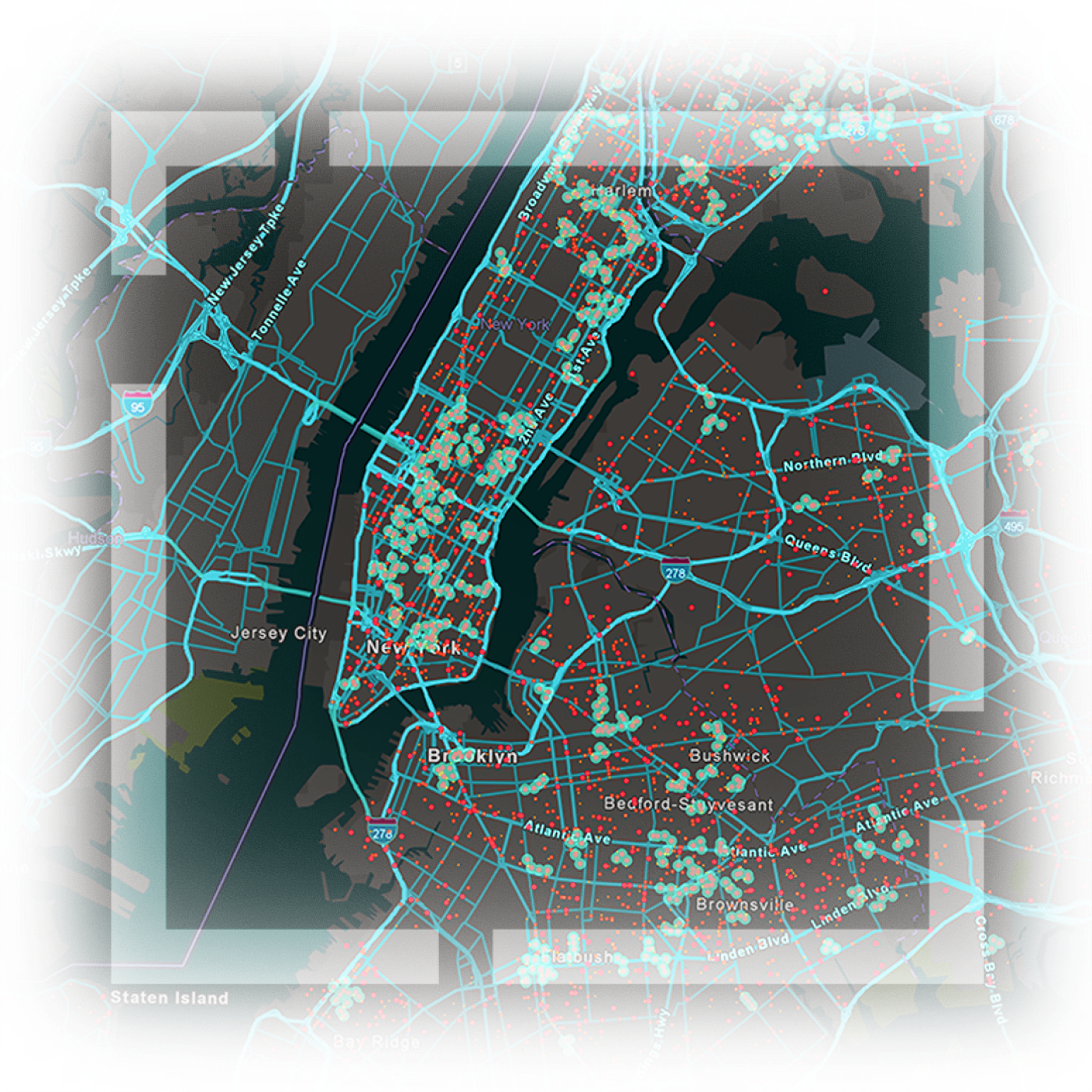 Plan de la ville de New York illustrant les autoroutes, les routes et la localisation de ressources mis en évidence sous forme de lignes bleues et rougesPlan de la ville de New York illustrant les autoroutes, les routes et la localisation de ressources mis en évidence sous forme de lignes bleues et rouges