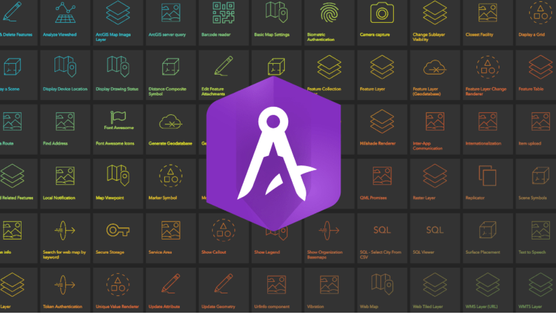 Quadrillage gris foncé avec des icônes surmontées d’une forme violette avec une icône blanche à l’intérieur représentant le logo AppStudio