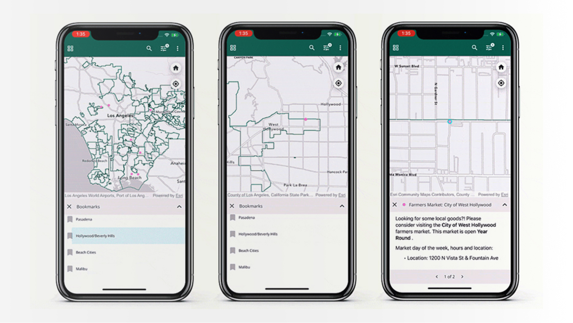 Trois téléphones mobiles côte à côte affichant des cartes avec des fonds blancs et des lignes vertes indiquant les routes