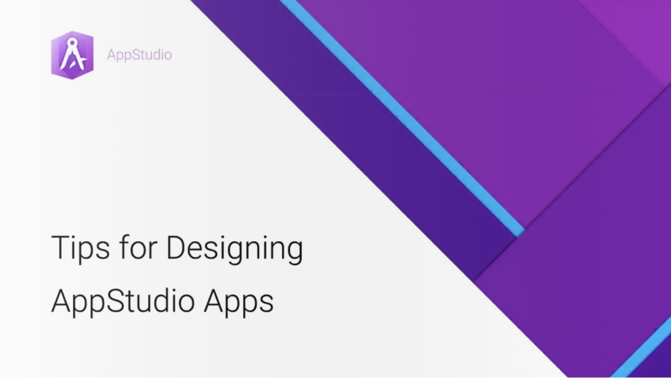 Diapositive de titre avec les mots Tips for Designing AppStudio Apps avec une conception diagonale violette