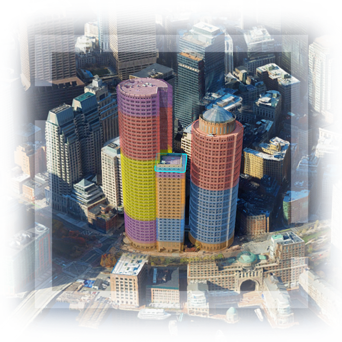 Vue aérienne 3D du centre-ville de Boston, Massachusetts, avec trois bâtiments mis en évidence dans différentes couleurs