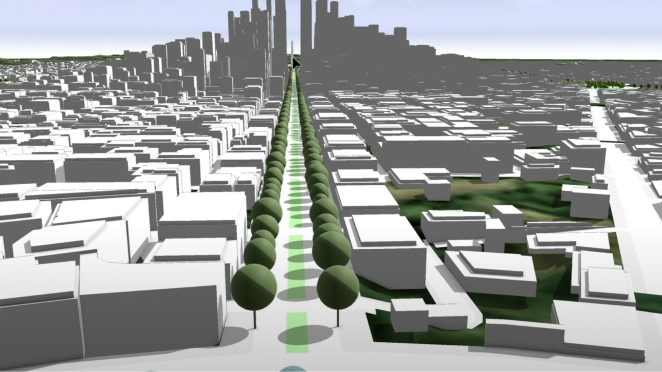 Scène 3D d’une ville fictive avec des rues et des bâtiments gris et des arbres verts combinés à une ombre.