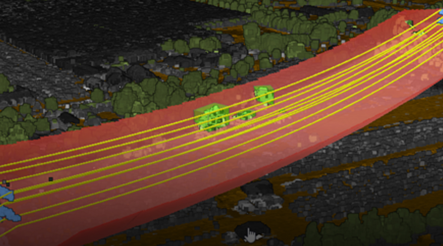 LIDAR-3D-Bild, das graue Gebäude, grüne Bäume und gelbe Stromleitungen zeigt