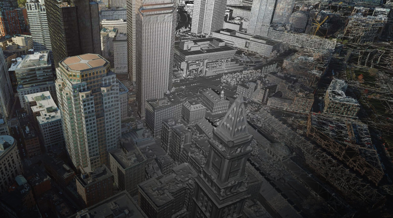 Photogrammetriebild eines Innenstadtbereichs mit großen und kleinen 3D-Gebäuden