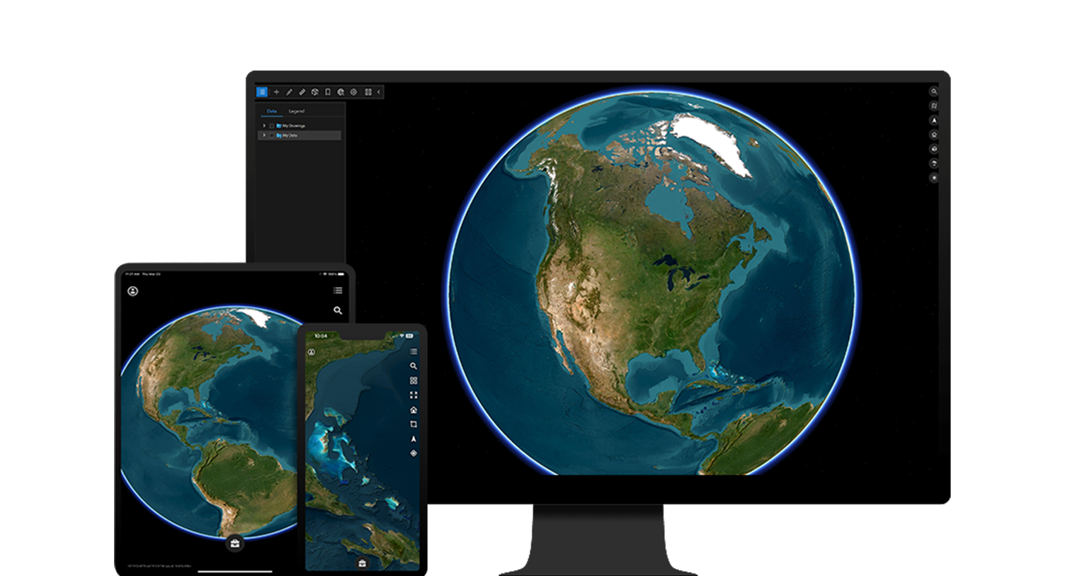 Ordinateur, tablette et smartphone montrant une image de la Terre vue de l’espace représentant l’interface utilisateur d’ArcGIS Earth 