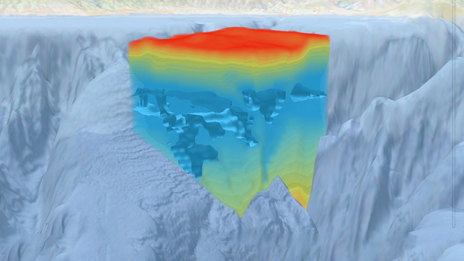 Ein Voxel-Layer in Rot, Gelb und Blau, umgeben von Grau, der den Sauerstoffgehalt unter der Meeresoberfläche in der Monterey Bay (Kalifornien) zeigt