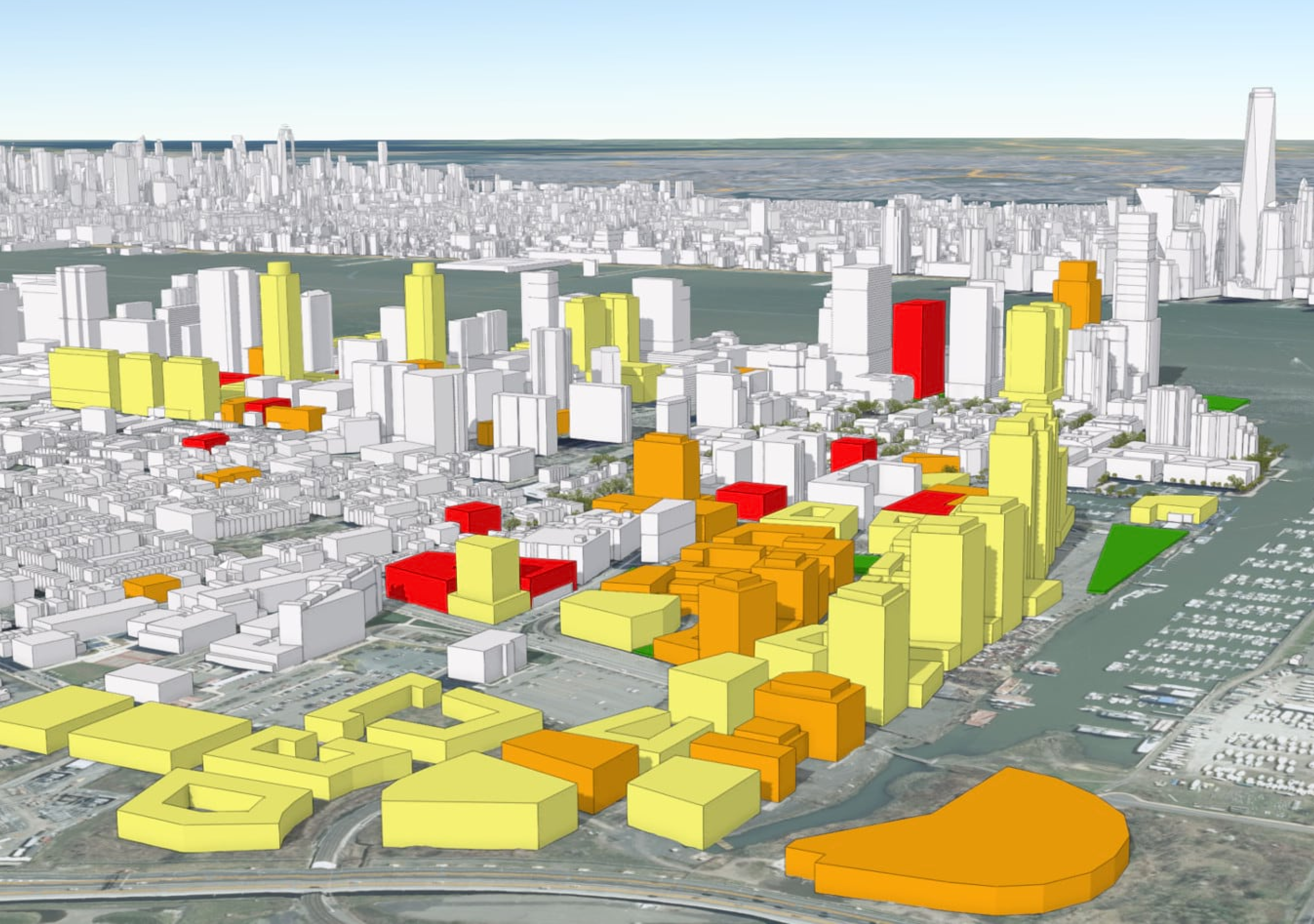 Modèle numérique affichant des bâtiments dans des endroits de New Jersey et de Manhattan, à New York, en 3D