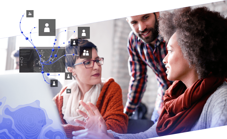 Zwei Frauen und ein Mann bei der Arbeit an einem Computer und mehrere Personensymbole, die durch Linien miteinander verbunden sind