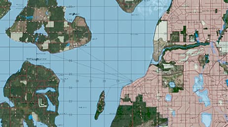 Eine topografische Gitternetzkarte mit Markierungen für Straßen und Wasserstraßen