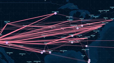 Dunkelblaue Karte des oberen mittleren Ostens von Nordamerika mit überlagerten roten Linien zur Darstellung von Flugbahnen, erstellt mit der Esri Software ArcGIS LocateXT