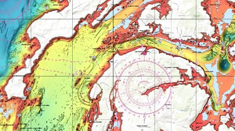 Bunte, mit Kompassmarkierungen überlagerte Navigationskarte