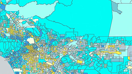 Demografische Karte mit verschiedenen Regionen, die in Gelb und Blau hervorgehoben sind