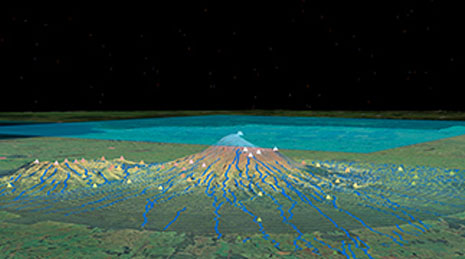 Digitales Bild einer Landfläche in Grün, Blau und Schwarz mit kleinen dreieckigen Datenpunkten