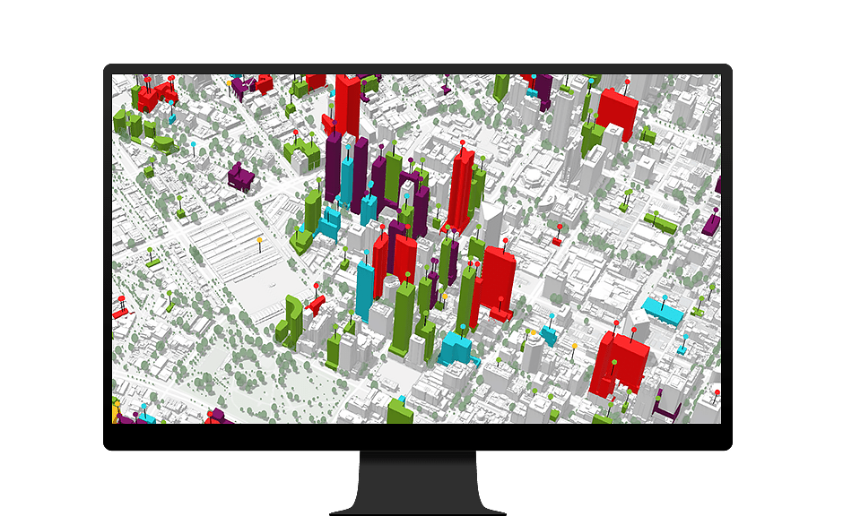 Écran d’ordinateur affichant une visualisation 3D de bâtiments dans une ville