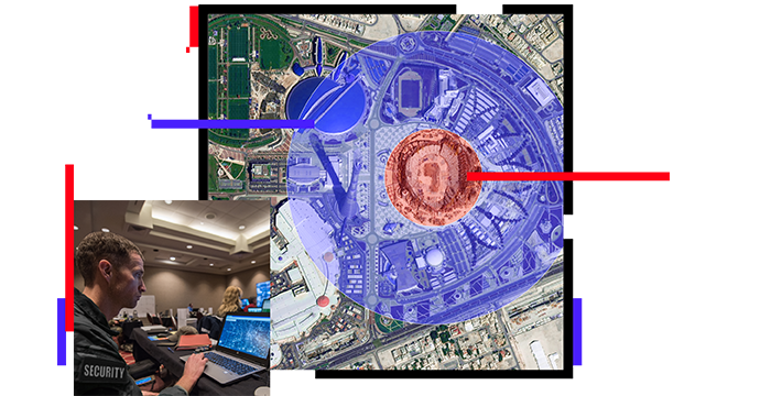 Aerial view of a large public space and people in a central operations center looking at smart maps