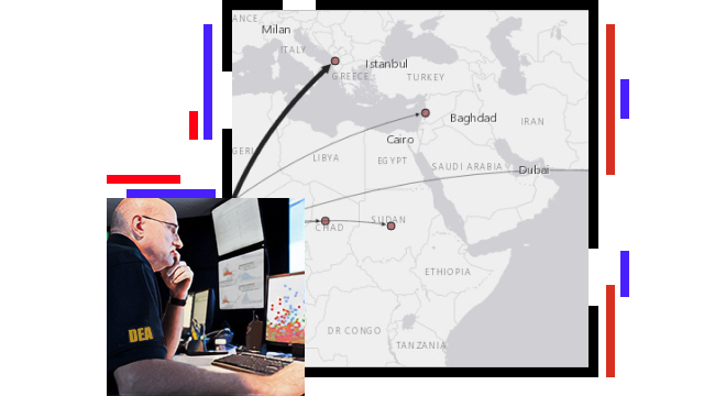 Map of Africa and the Middle East, person looking at a digital map