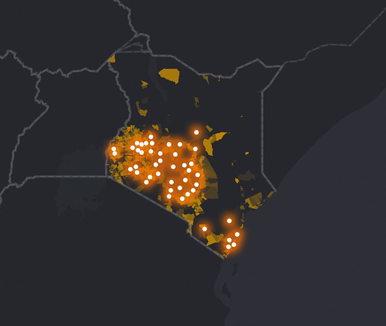 Regional map highlighting areas of need with areas of development in process and areas of impact beyond the work