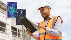 Ein lächelnder Außendienstmitarbeiter, der an einem Tablet arbeitet. Auf dem Bildschirm werden Pop-up-Bilder von Karten angezeigt.