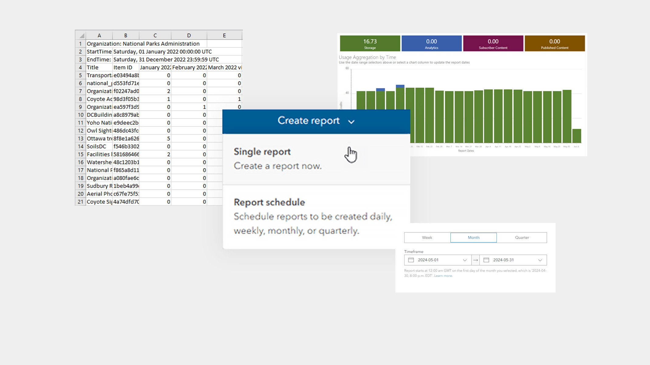 Screenshots von Microsoft Excel, ein Cursor, der auf "Einzelbericht" in einem Dropdown-Menü von "Bericht erstellen" und "Nutzungsaggregation nach Zeit" zeigt